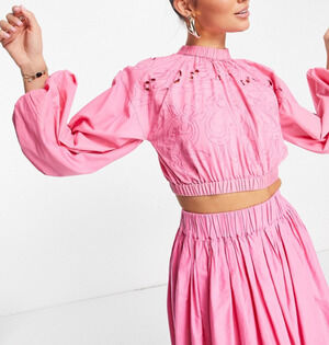 Asos Editions pink floral embroidered cutout balloon sleeve top Size 6 Boho